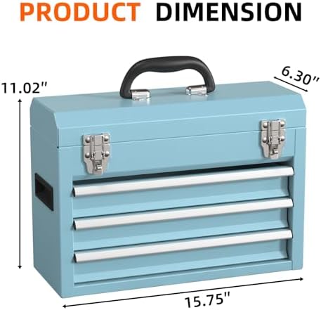 Portable Metal Tool Box – 3 Drawers Lockable Mini Toolbox, Heavy-Duty Tool Chest for Workshop & Garage (Blue)