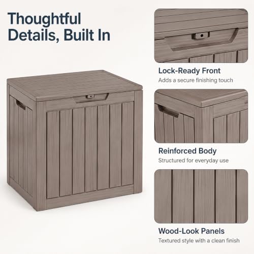 Outdoor Storage Box Resin Deck Box Waterproof Gray Brown 32 Gallon