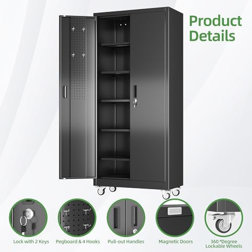 Reemoon 5 Adjustable 170 lb Shelves, Lockable Doors, Door pegboard and 4 Removable casters for Garage, Utility Storage.