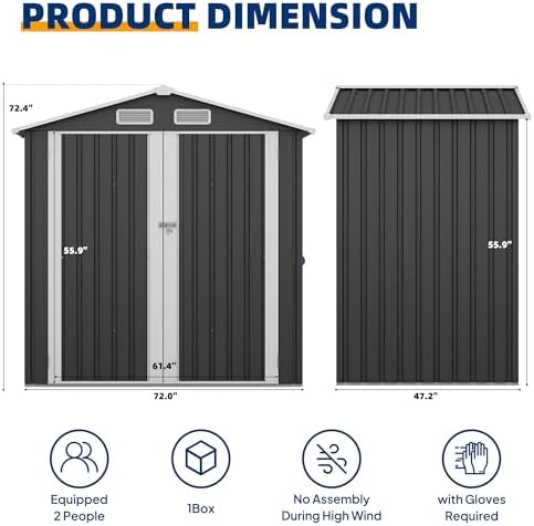 UDPATIO 6x4 FT Metal Storage Shed,Outdoor Shed,Garden Shed for Patio,Grey