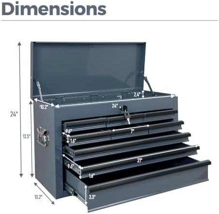 9 Drawers Metal Tool Box, 24" Portable Steel Tool Chest with Key Lock & EVA Liners, Multi-Function Top Storage Tray Toolbox with Powder Coating & Ball Bearing Slides for Garage & Workshop(Grey)