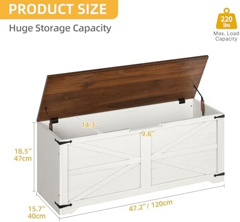 DWVO 47.2" Storage Bench, 2 Safety Hinges, Living Room, White and Walnut