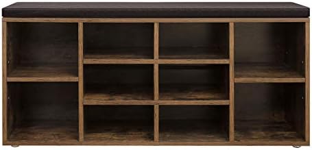 VASAGLE CUSTOS Collection - Shoe Bench, Storage Bench with Padded Seat, Entryway Bench with 10 Compartments, for Bedroom, 11.8 x 40.9 x 18.9 Inches, Rustic Brown and Chestnut Brown ULHS010X01