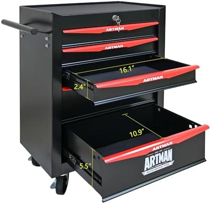 Heavy Duty 5-Drawer Rolling Tool Chest, Key Lock Tool Storage Cabinet with Lockable Casters & Drawer Liners, Mobile Tool Organizer Cart for Garage Workshop Warehouse Repair Shop (Black)