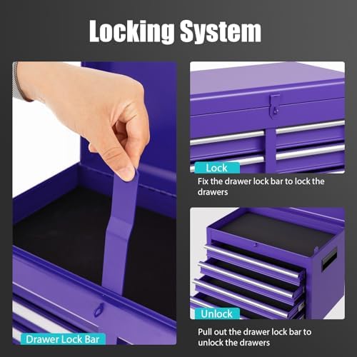 DREAMADE 5-Drawer Tool Chest Combo, Rolling Tool Cabinet w/Detachable Top Tool Box, Adjustable Shelves, Lockable Wheels, Metal Tool Box for Garage, Workshop, Repair Shop Storage (Purple)