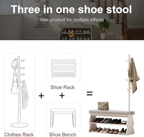 Coat Rack with Shoe Storage, Shoe Rack with 8 Hook, White