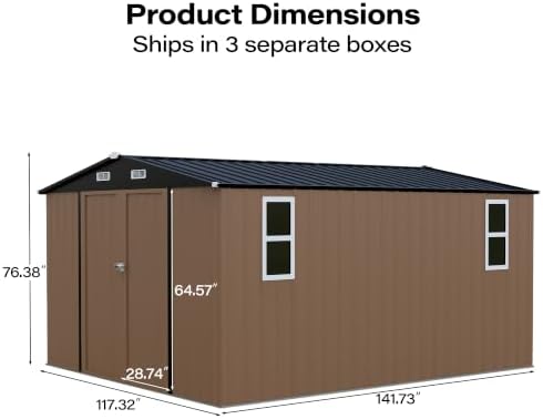 LAUSAINT HOME 10 x 12 FT Outdoor Storage Shed with Windows, Heavy Duty Galvanized Steel Storage Shed with Double Lockable Doors, Gable Roof & Air Vent for Backyard & Patio, Brown