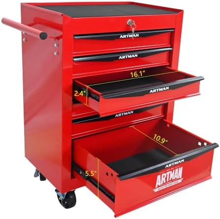 Heavy Duty 6-Drawer Rolling Tool Chest, Key Lock Tool Storage Cabinet with Lockable Casters & Drawer Liners, Mobile Tool Organizer Cart for Garage Workshop Warehouse Repair Shop (Red)