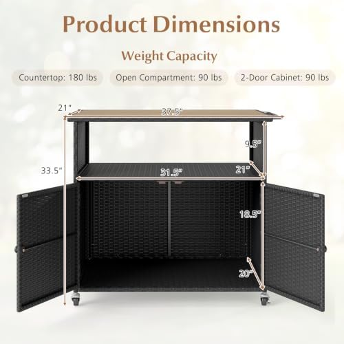 HAPPYGRILL Outdoor Storage Cabinet with Wheels, PE Rattan Deck Box (Black)