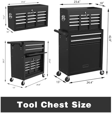 8-Drawer Rolling Tool Chest, High Capacity Removable Tool Storage Cabinet, Detachable Toolbox with Lock for Garage Warehouse and Tool Room (Black)