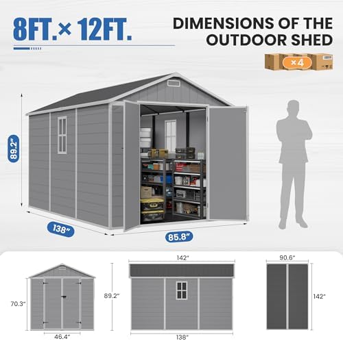 Amopatio 8X12 FT Resin Storage Shed with Floor Included, Plastic Outdoor Shed with Lockable Door, Window & Vents, for Lawnmower, Garden Tools, Pool Supplies, Grey & White