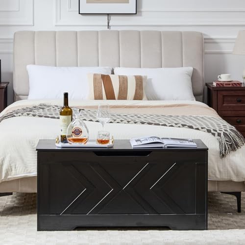 39.4” Storage Bench, Extra Large Entryway Bench with Storage,Storage Chest with 2 Safety Hinges,Blanket Storage,Shoe Storage Chest for Bedroom,Living Room,Easy Assembly. (Black)