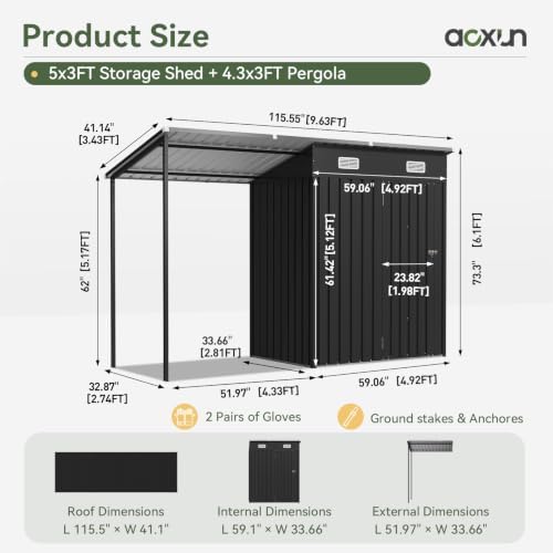Aoxun 5x3FT Outdoor Storage Shed & Hardtop Canopy Gazebo Combo