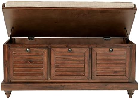OSP Home Furnishings Dover Coastal Lift-Top Storage Bench with Shutter Face Styling, Distressed Brown Finish with Beige Linen Fabric Cushion