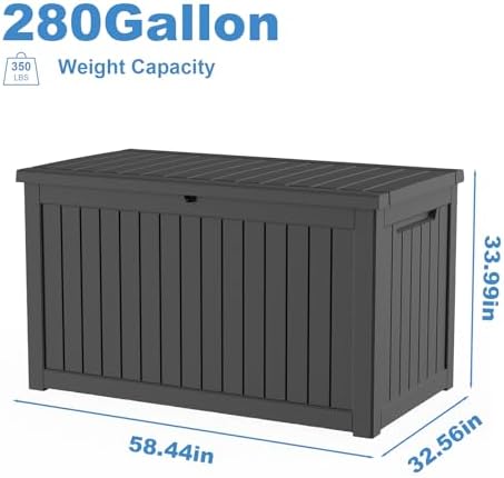 Outdoor Waterproof Resin Storage Deck Box Lockable Outside Bench UV Resistant Bin Patio Porch Furniture Pool Float Garden Tool Cushion (Black, 280 Gallon)