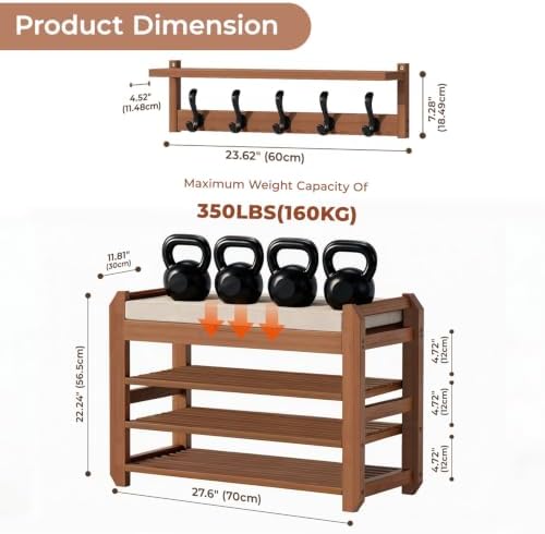 27.6" Shoe Rack Bench with Coat Rack, 3-Tier Entryway Storage Bench