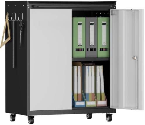 32''H Metal Garage Storage Cabinet with Wheels, Tool Storage Cabinets with Lock, Lockable Steel Rolling Tool Chest with Doors & Adjustable Shelves for Garage, Home, Office