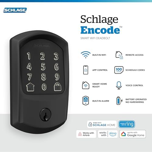 Schlage Encode Smart WiFi Deadbolt Lock with Greenwich Trim, Matte Black