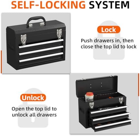 Portable Metal Tool Box – 3 Drawers Lockable Mini Toolbox, Heavy-Duty Tool Chest for Workshop & Garage (Black)