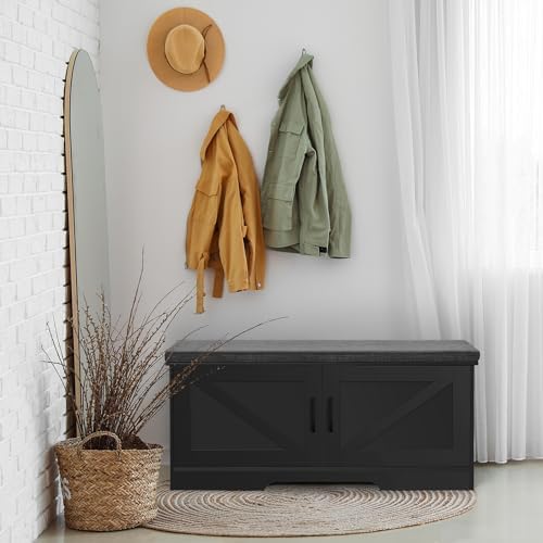 HOMSHO Farmhouse Shoe Storage Bench with 2 Barn Doors & Padded Seat Cushion