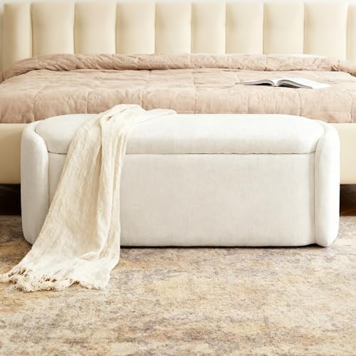 VKNOW Storage Bench, Upholstered Storage Ottoman Bench with Hinge, Cream