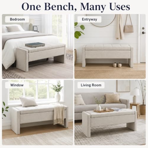 47.25 Inch Storage Ottoman Bench, Linen Upholstered, Light Grey