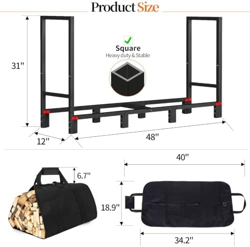 4FT Firewood Rack Indoor Outdoor with Log Carrier, Firewood Log Rack Holder with 4 Reinforced Metal Sheets for Fireplace Wood Storage, Heavy Duty Metal Pile Log Stand Stacker Holder for Patio Outdoor