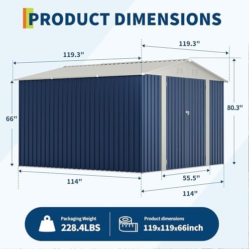 Garvee 10x10 FT Metal Storage Shed – Lockable Doors, Floor Frame, Blue