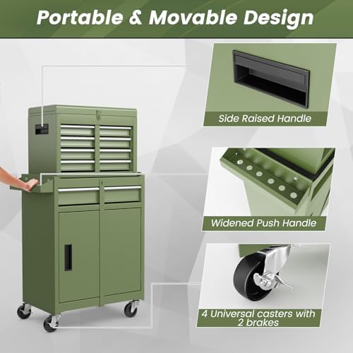DREAMADE 5-Drawer Tool Chest Combo, Rolling Tool Cabinet w/Detachable Top Tool Box, Adjustable Shelves, Lockable Wheels, Metal Tool Box for Garage, Workshop, Repair Shop Storage (Olive Green)