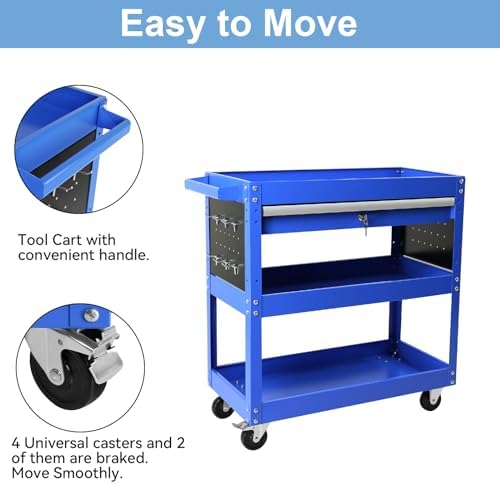 Tool Chest with Wheels, 3-Tier Rolling Tool Box with 1 Drawer & Hooks, Heavy Duty Utility Industrial Service Cart with Locking System Drawer for Garage, Warehouse & Repair Shop,Blue