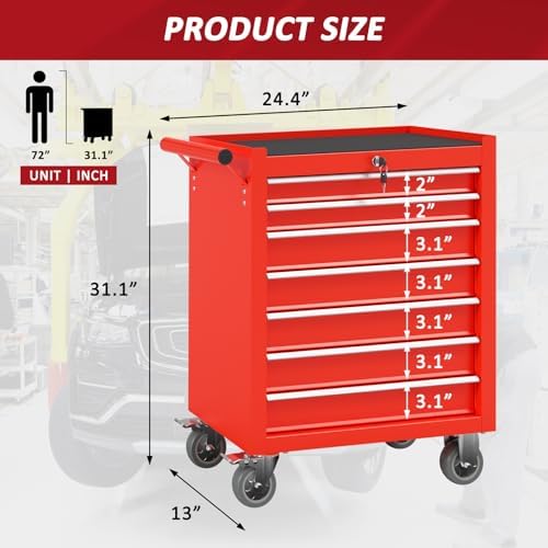 7 Drawers Rolling Tool Chest with Wheels, Portable Rolling Tool Boxes with Wheels, Tool Box Storage Cabinet with Locking System for Workshop(Red, 7 Drawers)