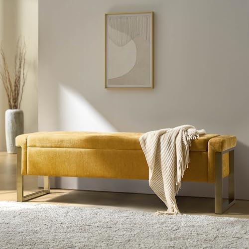 Modern Storage Ottoman Bench with Gold Metal Legs Upholstered Footrest End-of-Bed Bench with Hidden Storage, Hallway and Entryway Mustard