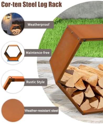 Firewood Rack Outdoor, Corten Steel Hexagon Firewood Holder, Rustic