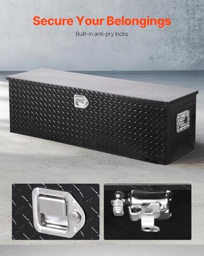VEVOR Heavy Duty Aluminum Truck Bed Tool Box, Diamond Plate Tool Box with Side Handle and Lock Keys, Storage Toolbox Chest Organizer for Trailer, Pickup, Truck Bed, RV, 49"x15"x15", Black