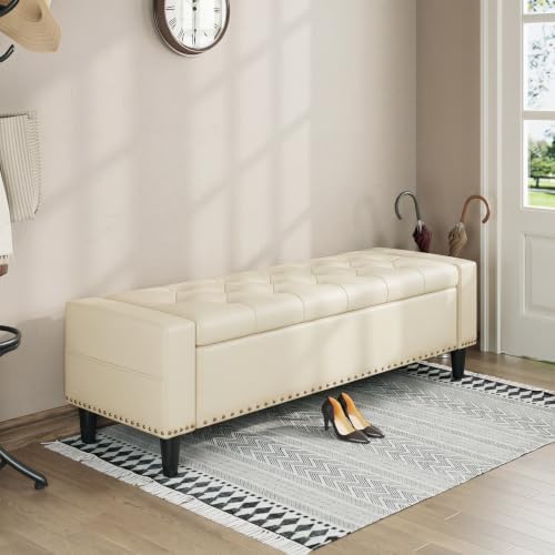 60" Storage Ottoman Bench, Faux Leather Upholstered Bed Bench, Cream White