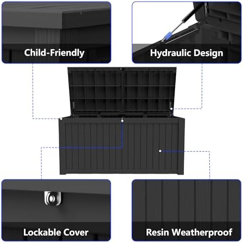 300 Gallon Outdoor Storage Box Resin Deck Box All Weather Waterproof Large Lockable Storage Container Deck Box for Patio Furniture, Garden Tools, Lockable, Black New