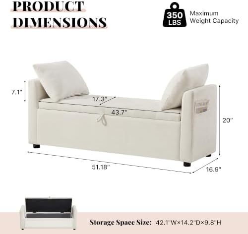 51" End of Bed Storage Bench, Upholstered Chenille Storage Ottoman for Bedroom, Living Room, Entryway, with Arms and 2 Pillows(White)