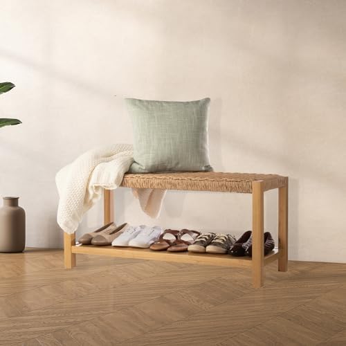 Alaterre Furniture Newport 40” Shoe Storage Bench with Woven Seat, Natural