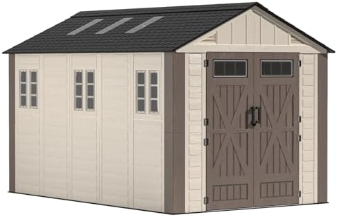 8x12 Ft Outdoor Storage Shed with Floor, Large Resin Outdoor Shed with Lockable Doors, 5 Fixed Windows & 6 Skylights, HDPE Garden Sheds for Backyard, Lawn Tools, Pool & Bike Supplies, Khaki