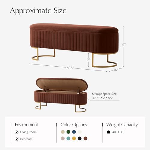 EcoHarbor Living 50.5" Storage Bench Velvet Bedroom Ottoman,Upholstered End of Bed Bench with Gold Legs,Flipping Lid Entryway Footrest, Burn Brick