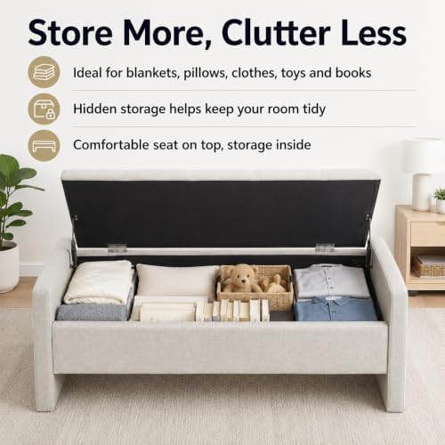 47.25 Inch Storage Ottoman Bench, Linen Upholstered, Light Grey