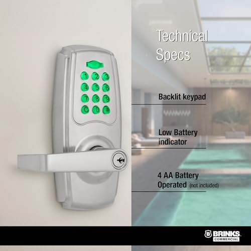 BRINKS ANSI Grade 2 Keypad Door Lock with Handle for Commercial & Residential Use, Keyless Entry Door Lock, 99 User Codes, Auto-Relock, Battery with Backup Keyway (Satin Nickel)