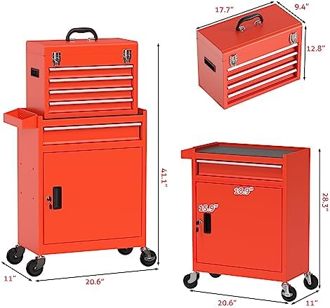 5-Drawer Rolling Tool Chest, High Capacity Removable Tool Storage Cabinet, Detachable Toolbox with Lock for Garage Warehouse and Tool Room (Red)