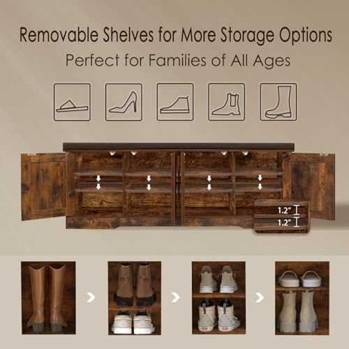 DINZI LVJ Shoe Storage Bench with Cushion, Door, Rustic Brown 47.2"LX17.7"H