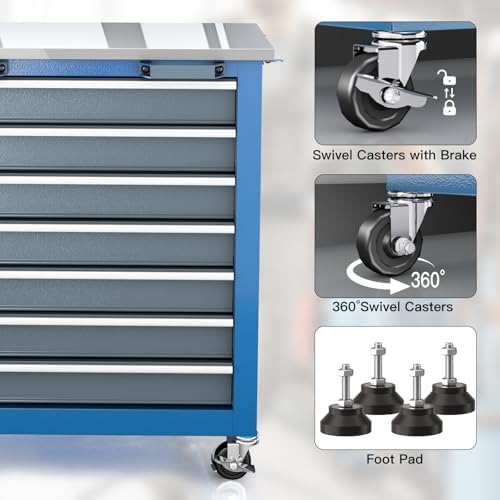 LARBANKE 7-Drawer Rolling Tool Chest with Wheels&Foot Pads,Bluetool Cabinet