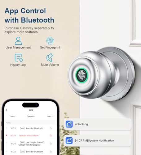 Fingerprint Door Lock, Smart Fingerprint Door Knob with Lock, Silver