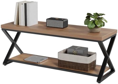 IBF Rustic Entryway Bench with Storage, Rustic Oak Wood and Metal Bench