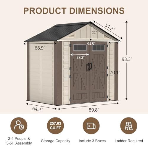 8x6 Ft Outdoor Storage Shed with Floor, Large Resin Outdoor Shed with Lockable Doors & 2 Fixed Windows, HDPE Garden Sheds Weatherproof for Backyard, Lawn Tools, Pool & Bike Supplies, Khaki