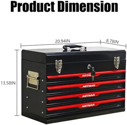 4 Drawer 21" Heavy Duty Metal Tool Box Portable Tool Chest with Metal Latch Closure & Security Key Lock, Top Storage Tray Toolbox with EVA Liners for Workbench, Garage & Warehouse (Black&Red)