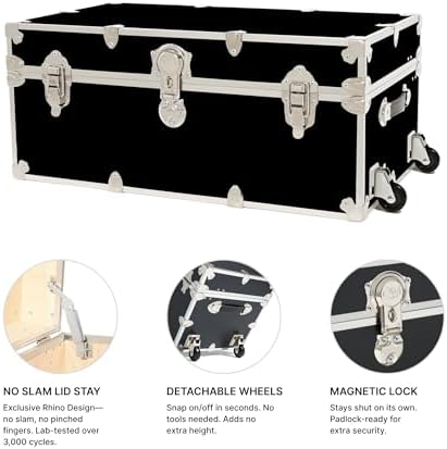 Rhino Trunk & Case Classic Large Trunk With Wheels 32"x18"x14", 1500+ lbs Capacity - Many Colors, Soft-Close Lid. Strong, USA Made Summer Camp Footlocker and Secure College Dorm Storage Chest